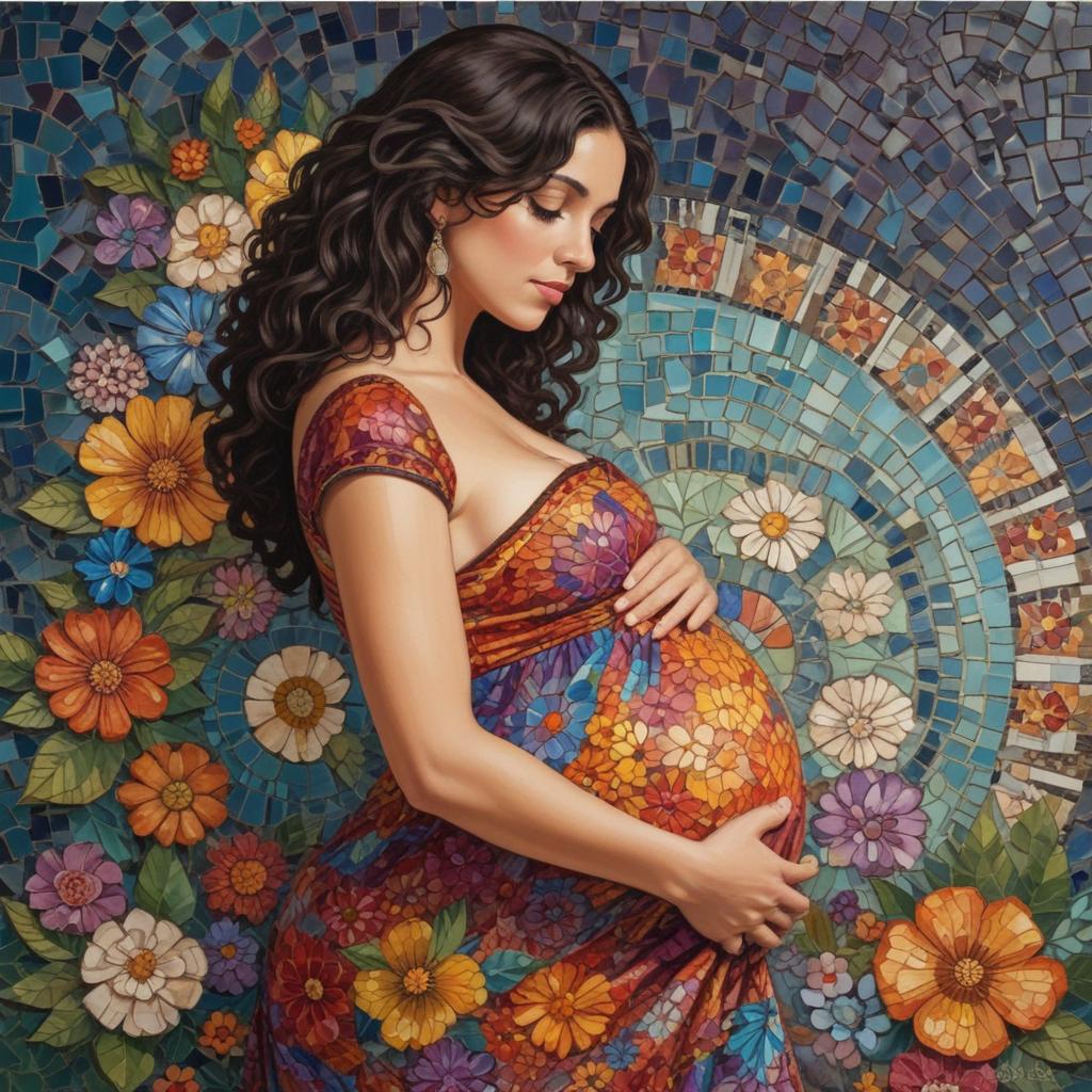 Gestante com fundo floral em mosaico